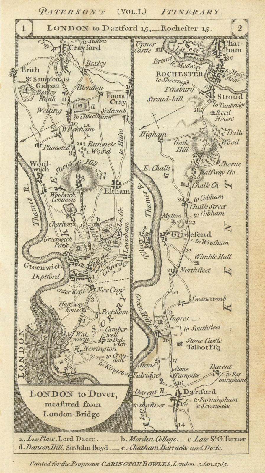 London-Greenwich-Dartford-Gravesend-Chatham road strip map PATERSON 1785